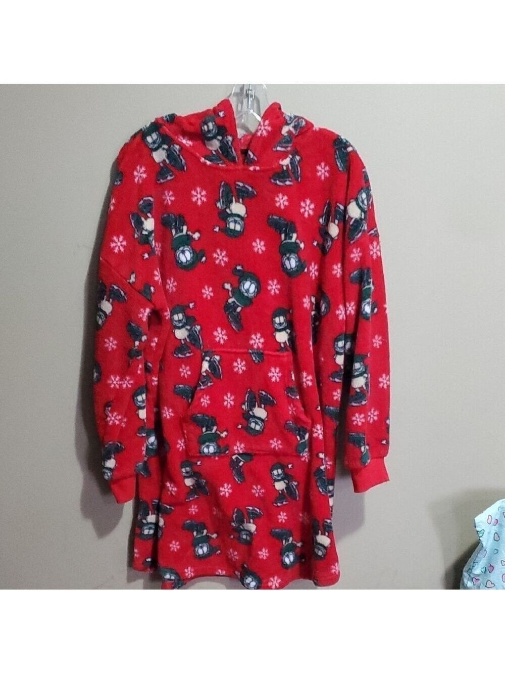 Red Snowman Print Hooded Long Sweater Size Large